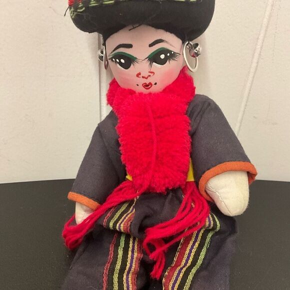 Vintage Handmade 10” Ethnic Craf Doll In Head Dress Hoop Earrings Red Scarf - Picture 3 of 7